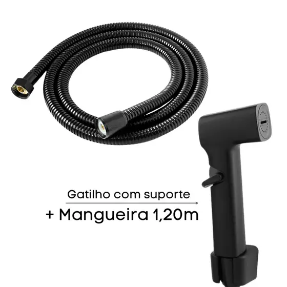 Mangueira para Ducha Higiênica Chuveirinho 1,20m com Gatilho ABS Preto + Suporte de Dupla Fixação