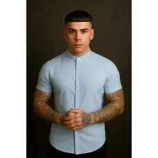 Camisa Gola Pastor Masculina Social Viscolinho Manga Curta Moda Luxo