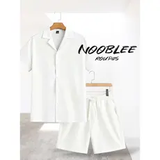 JL . Conjunto de Camisa de Manga Curta e Shorts Simples de Cor Sólida para Homens, para Sair Crepinho