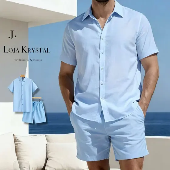 JL Conjunto Camisa e Short liso Adulto Masculino Tecido de crepinho