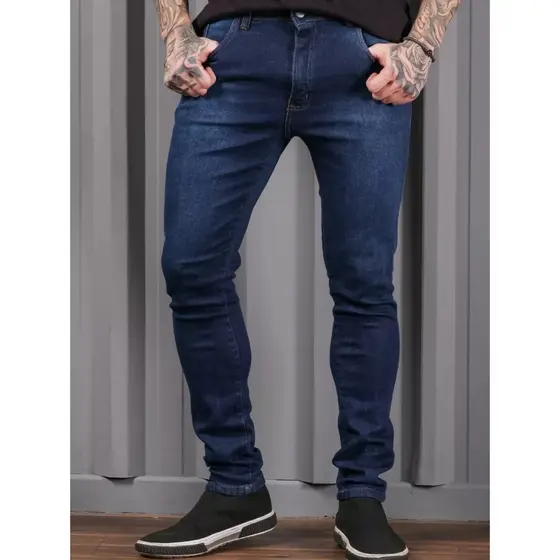 Calça Masculina Jeans Skinny Azul Escura com Bolso