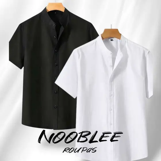 NB Kit2 peças camisa masculina gola pastor social casual viscolinho manga curta moda lux