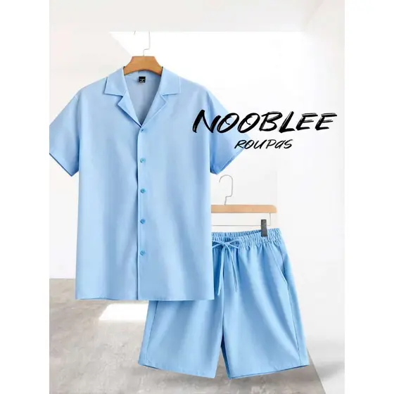 LK Conjunto Masculino Camisa Botão e Shorts Mauricinho Crepinho P M G GG