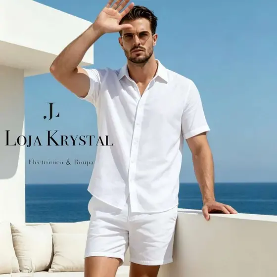 LK Conjunto Casual Masculino de Camisa de Manga Curta de Cor Sólida e Shorts