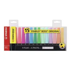 Kit Stabilo Boss Original 15 Cores Pastel + Fluorescente Marcador Caneta Grifa Texto Estojo Estudante Faculdade