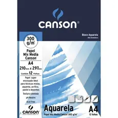 Bloco Aquarela Canson A4 300g 12 Folhas Textura Fina Papel Artístico Profissional Livre de Ácido