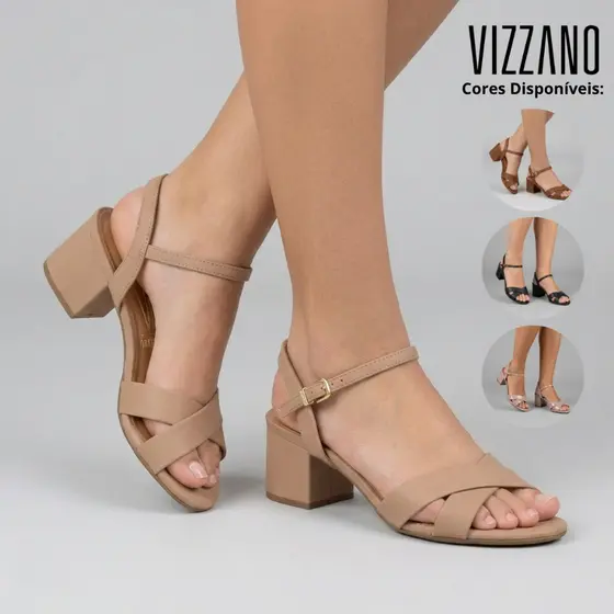 Sandália Vizzano Feminina Salto Grosso Baixo Tiras Cruzadas Fivela Festa Casual Confortável Original