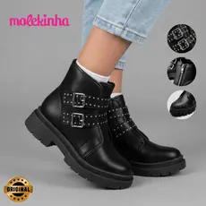 Bota Molekinha Juvenil Meninas Estilo Coturno Fivelas Decorativas Tratorada Moderna Confortável Original