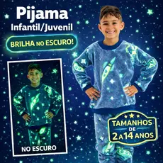Pijama Infantil Brilha no Escuro Fleece Menino Juvenil Manga Longa Juvenil Masculino Frio Inverno