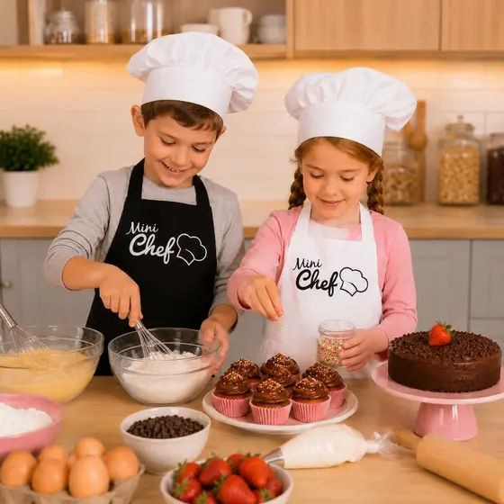 Avental Infantil Mini Chef Preto ou Branco Cozinha Culinária Criança Ajustável