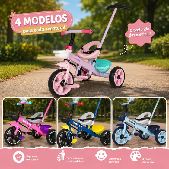 Triciclo Infantil com Empurrador Cestinha Cinto de Segurança Até 25kg 4 Cores Disponíveis