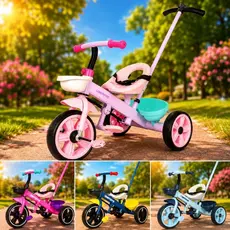 Triciclo Infantil com Empurrador Cestinha Cinto de Segurança Até 25kg 4 Cores Disponíveis