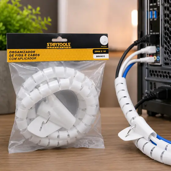 Organizador Cabos Fios Aplicador Fita Fixação Prático Fácil Uso Branco 20mm X 1m