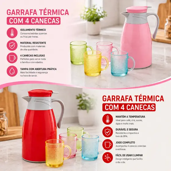 Garrafa Térmica 1L com 4 Copos 190ml Kit Café Chá Rosa Vermelha Prática Resistente