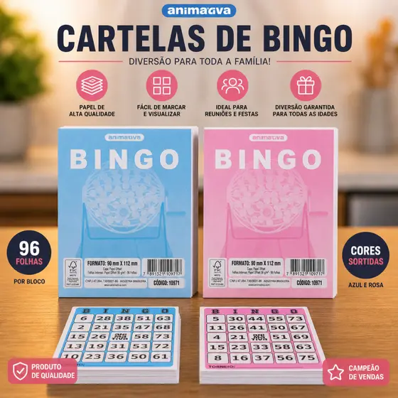 Cartela Bingo 96 Folhas Azul  ou Rosa Jogo Entretenimento Festa Familiar Diversao