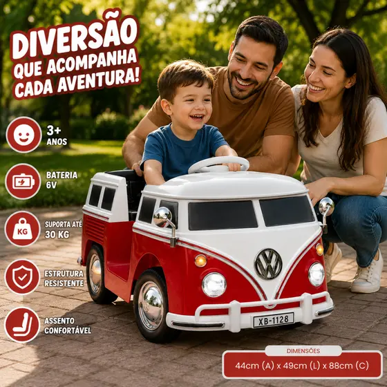 Carrinho Elétrico Infantil Kombi Controle Remoto Luz Som 6V Vermelha Criança