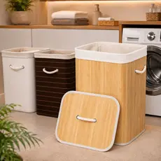 Cesto Organizador de Bambu 50L ou 70L Com Tampa Alças Lavanderia Banheiro Organizador Casa