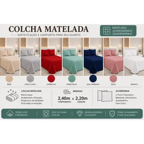 Colcha Cobre Leito Vitória Casal Padrão Box 2,40m x 2,20m Com Porta Travesseiros