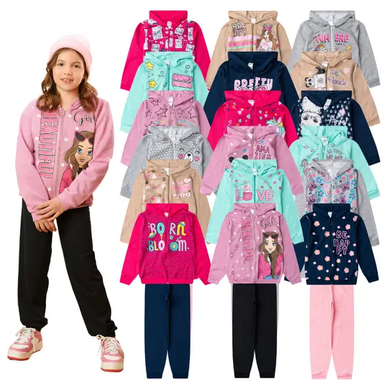 Kit 10 Peças Moletom Infantil Menina Inverno Conjunto 1 ao 14 feminino com Zíper e Capuz