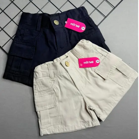 Short Jeans Menina Cargo Infantil Bermuda Juvenil Com Bolso Bege e Preto