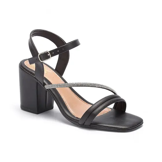 Sandália Feminina Vi Bela Tiras Brilho Salto Bloco Estilo Conforto Salto Alto Quadrado Moda Casual