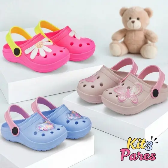 Kit 3 Sandálias Babuche Infantil Mini Clog Infantil Feminino Escolar Dia a Dia