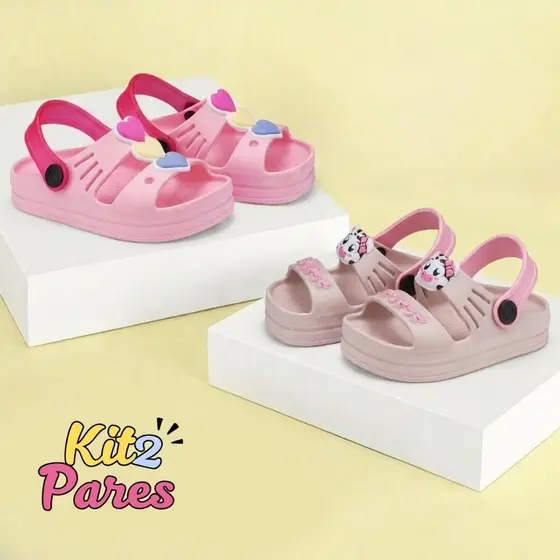 Kit 2 Sandálias Papete Infantil Mini Clog Infantil Feminino Escolar Dia a Dia