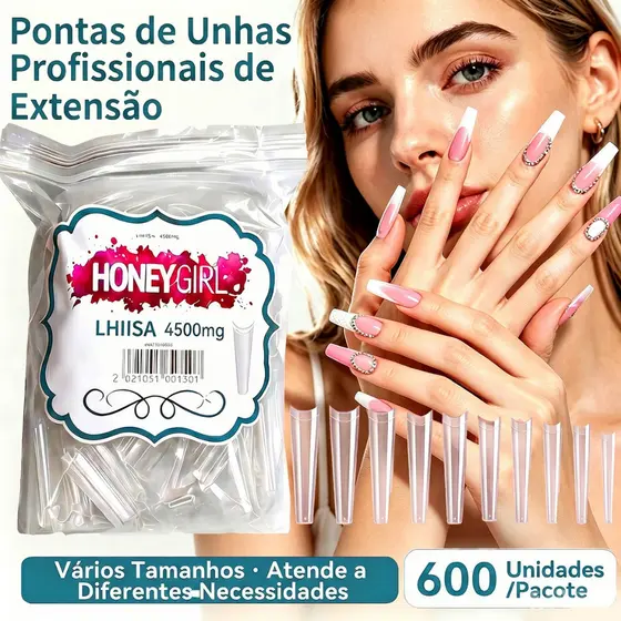 Unha Tips Extra Longa Curvatura C Honey Girl Alongamento 600 Unidade Oferta Refil Postiça Bailarina 600unid Natural/Tran