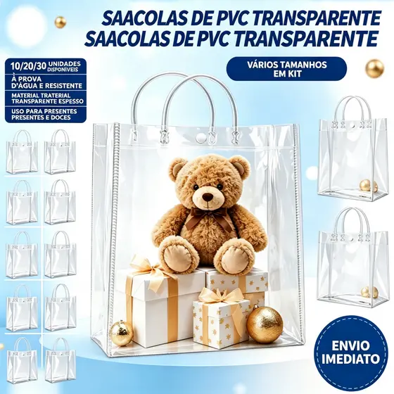 Kit 5/10/20 Units Reuse Pvc Plastic Gift Bags for Weddings, Festivals and Parties Vários tamanhos