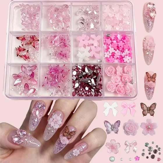 Flores de Resina Transparente 3D para Unhas 12 Grade com Cores Sortidas Charms para Unhas Postiças Decoração de Manicure
