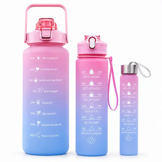 Kit 3 Garrafas De Água Squeeze Motivacional 2 Litros 700ml 300ml Academia Trabalho