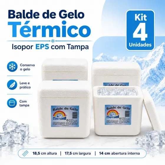 Kit 4 Balde De Gelo Térmico Isopor Com Tampa Whisky Drinks Bebidas Praia Churrasco