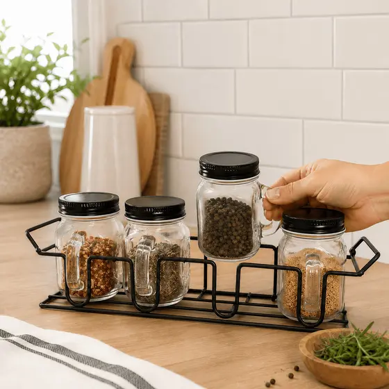 Kit 4 Potes Porta Temperos de Vidro com Suporte e Alça 130ml