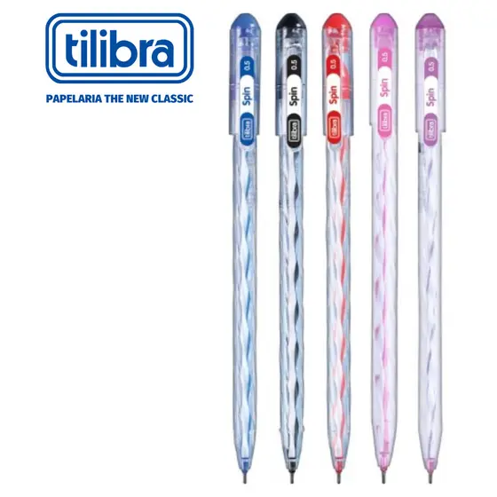 Caneta Tilibra Spin Ponta Fina 0.5mm Corpo Transparente