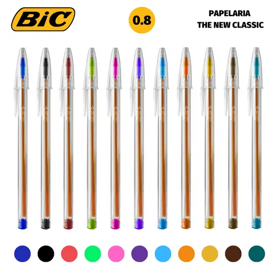 Kit Caneta Bic Cristal Fina Ponta 0.8mm Corpo Transparente Coloridas