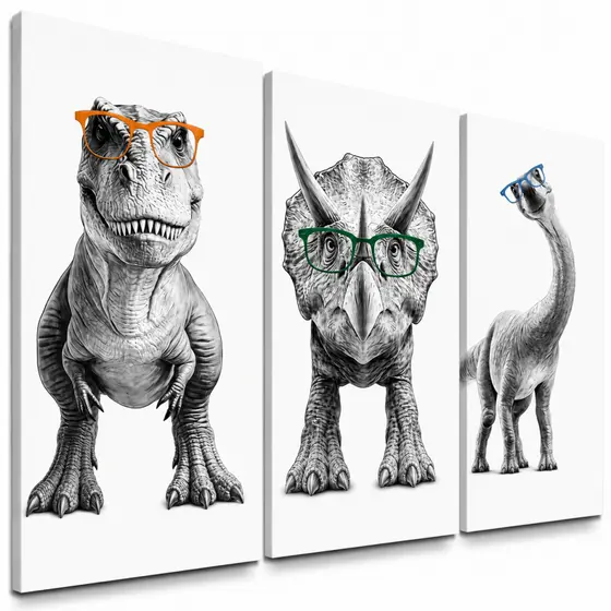 KIT 3 Quadros Dinossauros Nerds com Óculos | Decoração Quarto Monocromático Geek