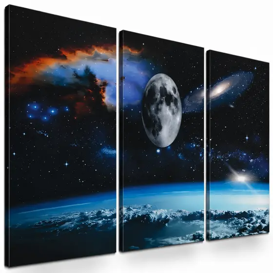 Kit 3 Quadros Decorativos Universo Lua Terra Galáxias Estrelas Espaço Sideral para Sala Quarto e Escritório