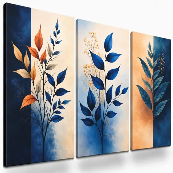 KIT 3 Quadros Folhagens Azul Dourado | Decoração Sala Botânico Abstrato Luxo