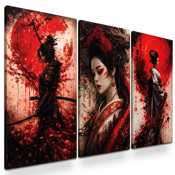 Kit 3 Quadros Decorativos Japão Samurai Gueixa Dragão Cerejeira Vermelho e Preto para Sala Quarto