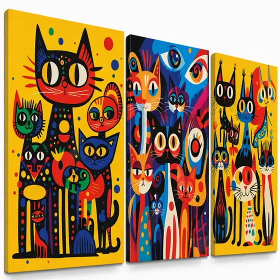 Kit 3 Quadros Decorativos Gatos Coloridos Pop Art Moderno Divertido para Sala Quarto e Espaço Pet