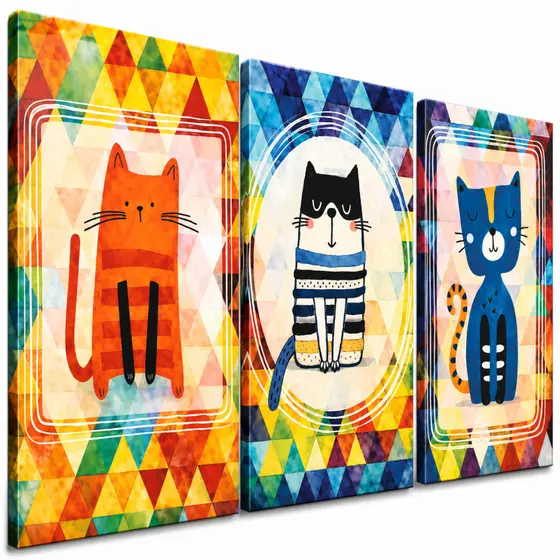 Kit 3 Quadros Decorativos Gatos Coloridos Geométricos Infantil Divertido para Quarto e Espaço Pet
