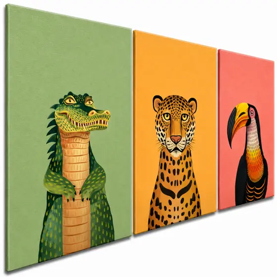 Kit 3 Quadros Decorativos Animais Tropicais Jacaré Onça Tucano Coloridos para Sala Quarto e Área Gourmet