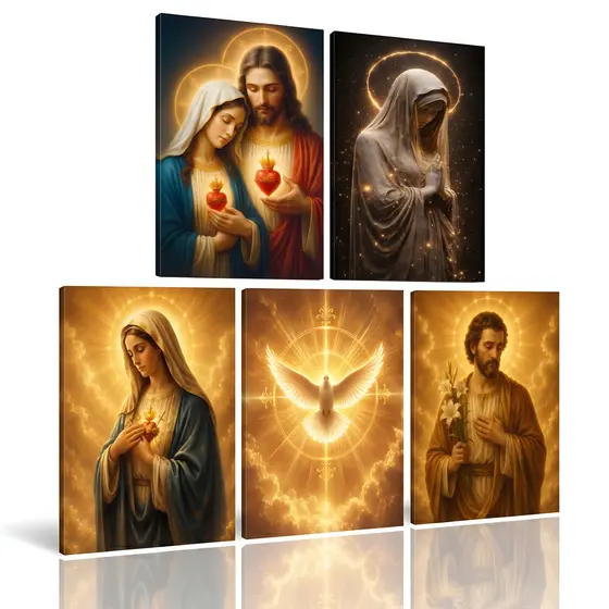 Kit 5 Quadros 30x20 – Sagrado Coração , Nossa Senhora da Luz, Nossa Senhora de Fátima,Divino Espírito Santo e São José