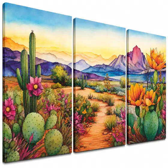 Kit 3 Quadros Decorativos Deserto Colorido Cactos Flores Montanhas Paisagem Boho para Sala e Quarto