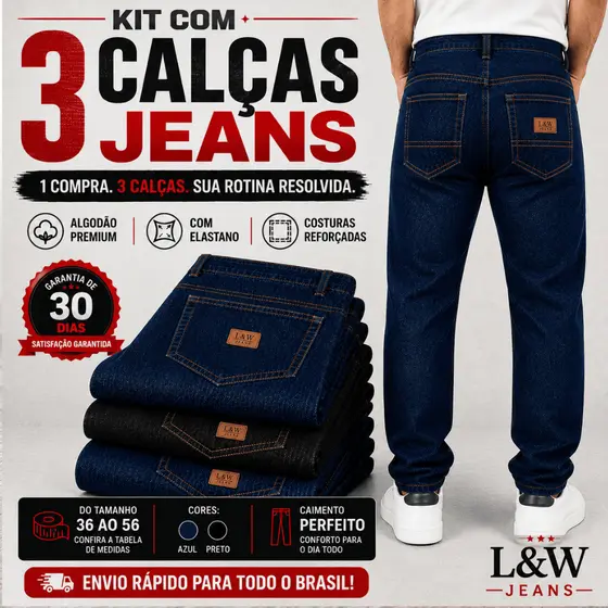 Kit 3 calça jeans masculina Tradicional com Elastano – Azul e Preto para Trabalho e Rodeio