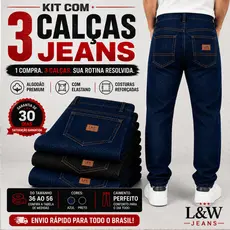 Kit 3 calça jeans masculina Tradicional com Elastano – Azul e Preto para Trabalho e Rodeio