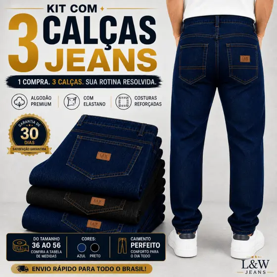 Kit 3 Calças Jeans Masculina Premium- Corte tradicional Basico Reto  com Lycra