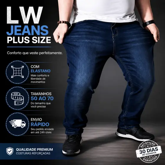 Calça Jeans Masculina Plus Size Com Elastano Reta Tam 50 ao 70 Preta Azul LW Jeans