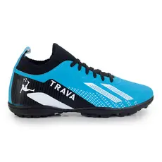 Chuteira Trava Society Masculina Trava Cano Médio Solado PVC Costurado Campo Sintético Azul