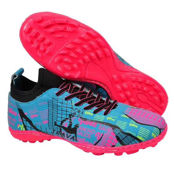 Chuteira Society Trava Masculina Campo Sintético Solado Costurado Leve Antiderrapante Azul e Rosa TF